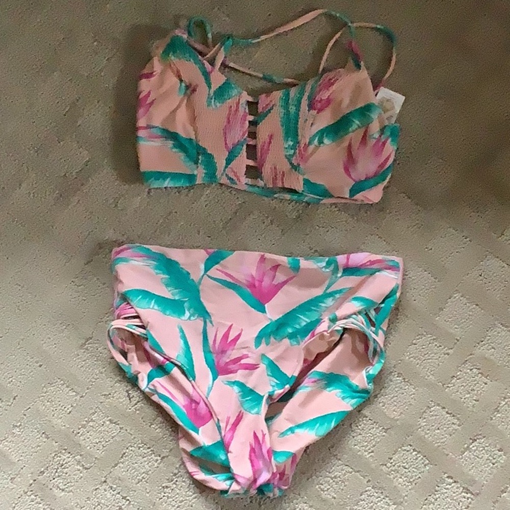 Pink floral and leaf print swim suite